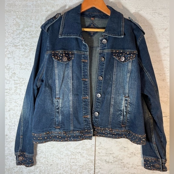 Vintage 90's JOU JOU Studded Denim Jean Jacket Button Up Embellished Boho - Picture 1 of 16